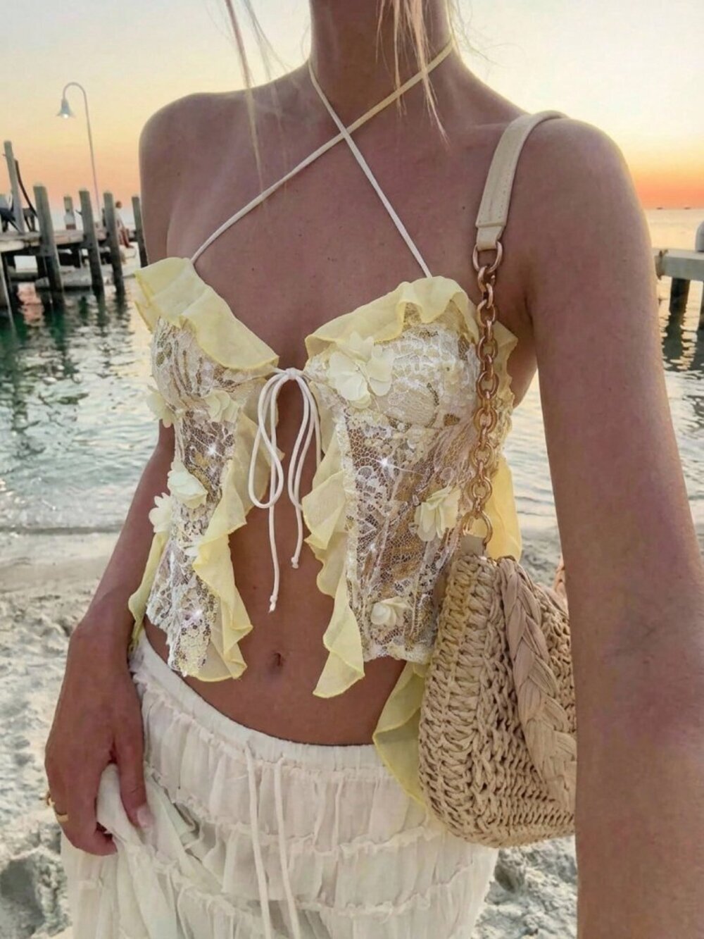 Yellow Sexy Women's Ruffled Sequin Tie-Up Embroidered Camisole Backless